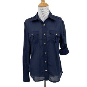 Tory Burch Blouse Womens 4 Navy Brigitte Roll Tab Sleeve Lightweight Button Up